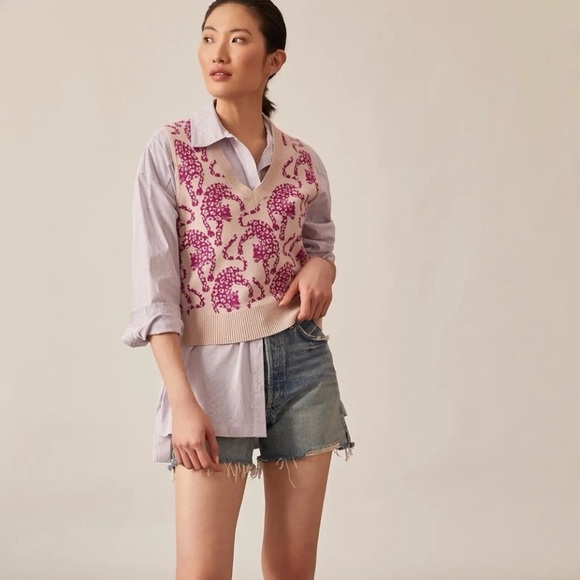 Anthropologie Maeve Jacquard Sweater Vest V Neck Pink Jaguar Cat Print XS - Picture 1 of 15